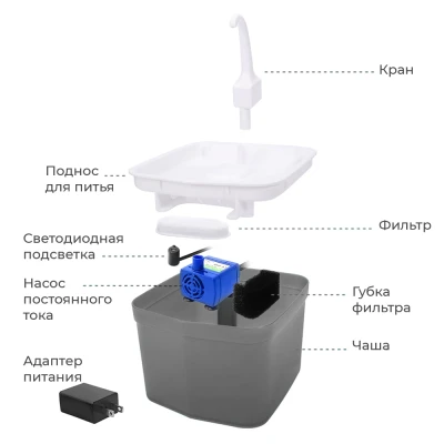 Автопоилка фонтан Petwant PW-111 2 л с подсветкой и краном для кошек и собак серый